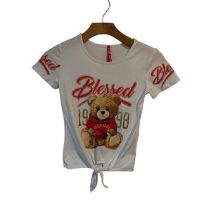Cute 4 U T Shirt Girls Size 7-8 White Glitter Blessed Bear Tie Front Graphic Tee